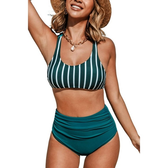 Cupshe Other - Teal White Striped High Waisted Bikini Set nwt